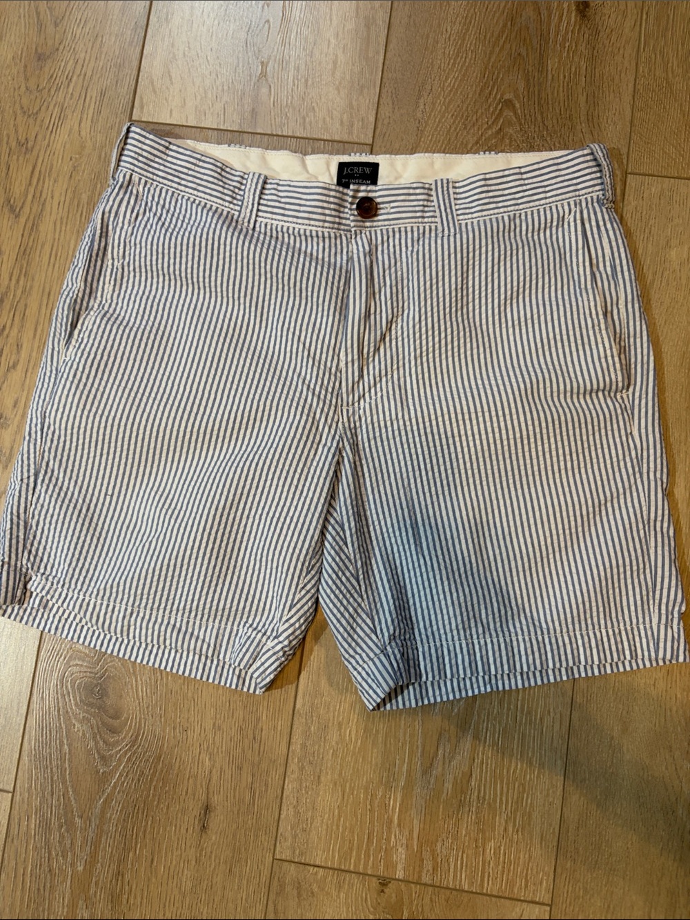 J. Crew Men's Blue and White Seersucker Striped Shorts